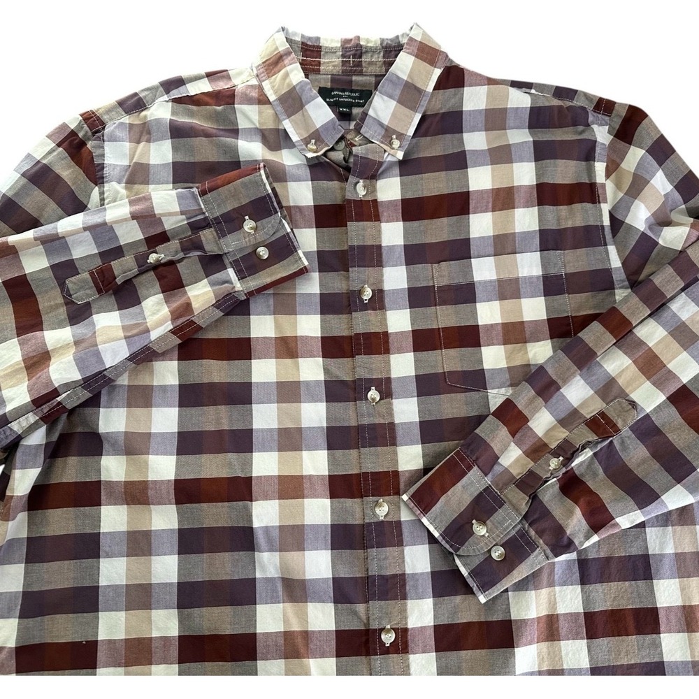 BANANA REPUBLIC Button Down Shirt Slim Fit Untucked Brown Plaid Cotton Men's XXL
